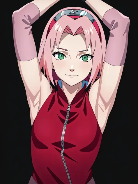 haruno sakura, pink hair, short hair, green eyes, small breasts, elbow pads, pink elbow pads, hairband, sleeveless, red shirt, t...