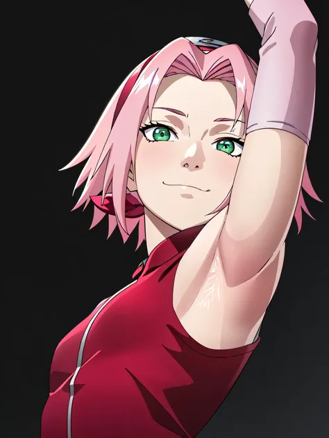 haruno sakura, pink hair, short hair, green eyes, small breasts, elbow pads, pink elbow pads, hairband, sleeveless, red shirt, t...