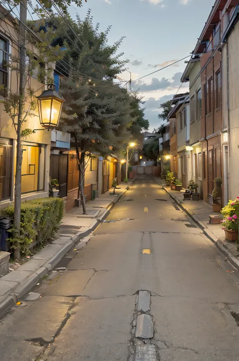 masterpiece, night, residential area of the city, road on a small street in direct perspective , there are lights on in some windows, lantern on the right, brown-red-yellow color scheme