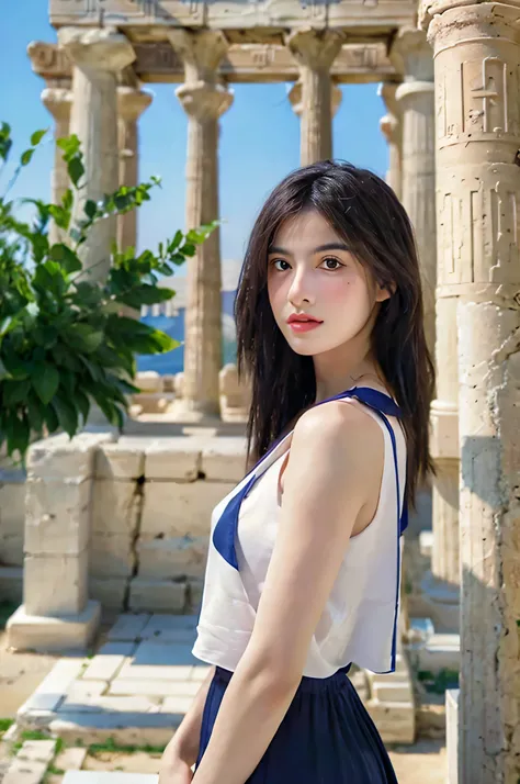 greek beautiful woman at greek temple, toga and laurel wreath