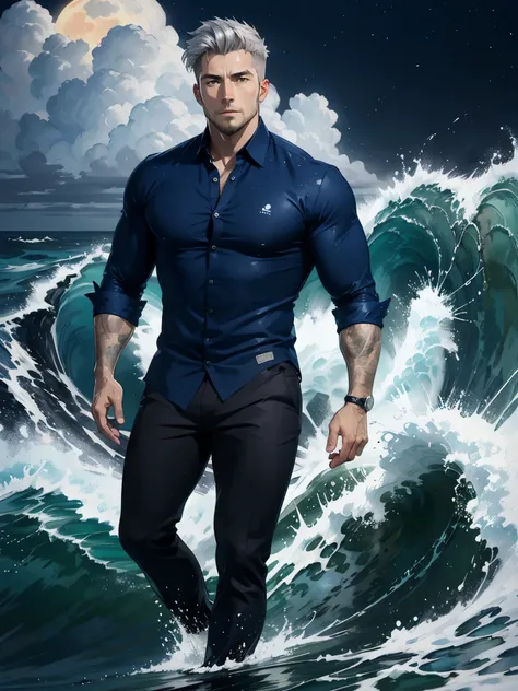 (ocean greek god), hydromancer, muscular mature male, water magic, handsome, short beard, short hair, mystic, modern outfit, mas...