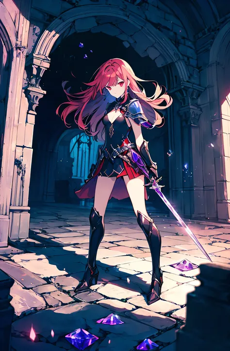 4k,hight resolution,One Woman,Bright red hair,Longhaire,red eyes,knights,white sacred armor,jewel decorations,Big sword,medieval town,furious,((dark cave,ruin place)),((purple crystal)),((purple crystal)),((purple crystal)),((purple crystal)),