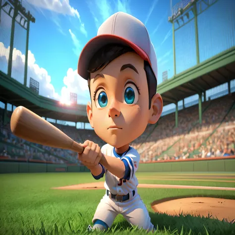 cartoon baseball player with a bat in a stadium, offcial art, cartoon rendering, offcial artwork, inspired by Master of the Bambino Vispo, bryce style 3 d, holding a baseball bat, promotional artwork, stylized digital illustration, wide angle portrait of a...