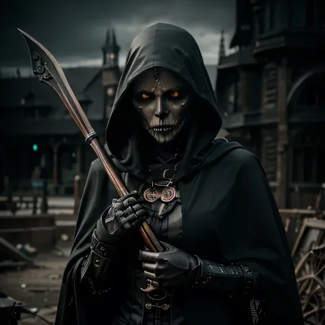 female grim reaper, with skeletal features, holding scythe, open long black hooded cloak, steampunk style, best quality, 4k, super detailed, photorealistic, intricate details, dramatic lighting, dark moody atmosphere, grungy textures, mechanical elements, ...