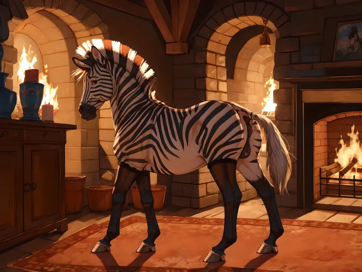 feral zebra, horse pussy, stockings, skirt,  in the cave, fireplace