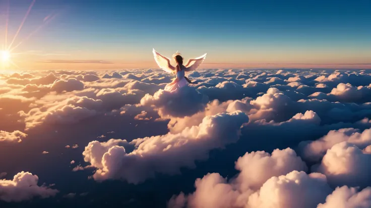 an angel floating above the clouds. the southern sunset in the background