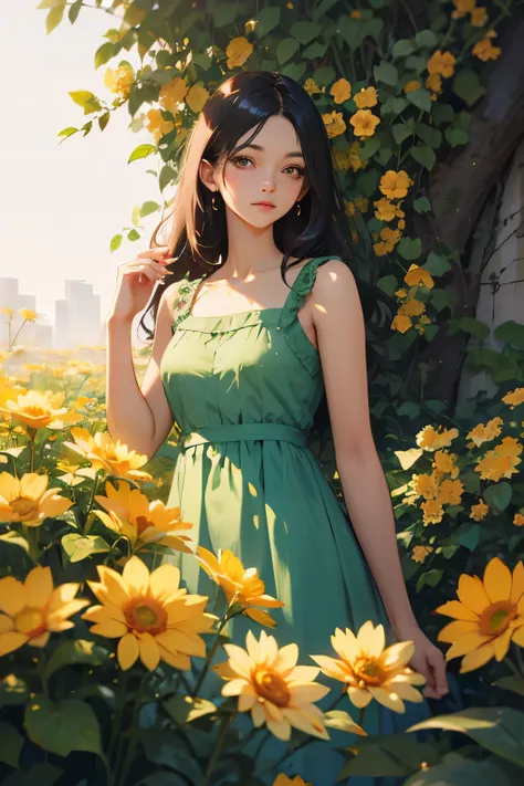 best quality, high resolution, realistic, detailed, a beautiful fashion model, green dress, posing, orange flowers, yellow flowe...