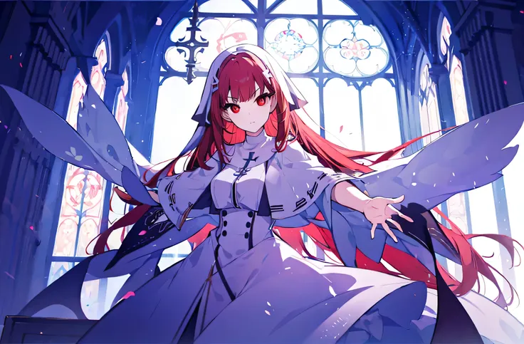 1girl, red hair, solo focus, clearly, red eyes, very long hair, stole, priest, bishojo, church,dynamic angle,dynamic pose,