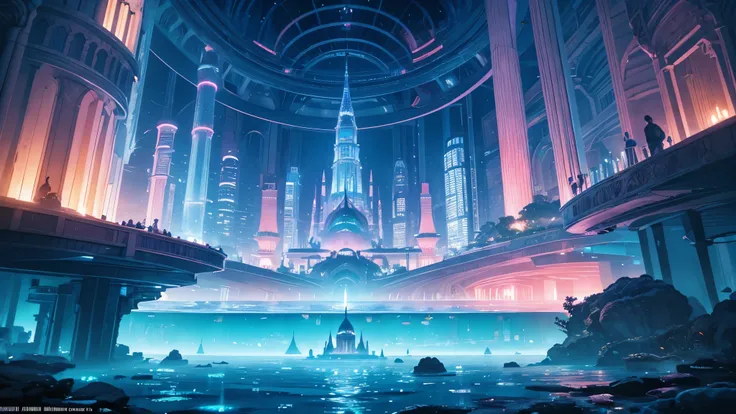 a fantastical and serene deep-sea city. viewed from the ocean floor looking up towards the water surface. the city is very large...