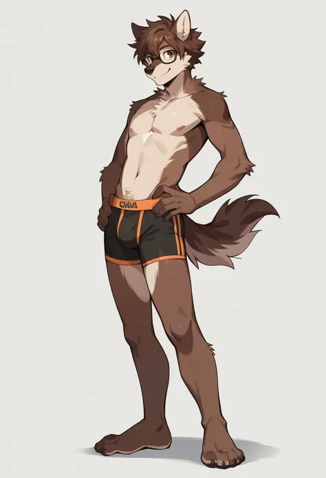 Solo, score_9,score_8_up,score_7_up, source_anime, an Anthro furry brown male wolf, cute male wolf, tall and slender, snout,  brown shaggy hair, brown eyes, black glasses, smiling, hands on his hips, wearing only boxer briefs, barefoot, plantigrade feet pa...