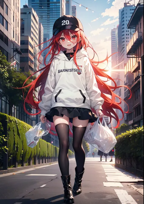 Shana,灼眼のShana,Long Hair, Redhead, Red eyes,happy smile, smile, Open your mouth,Oversized red hoodie,Baseball hats,mini skirt,black tights,short boots,Walking,morning陽,morning,The sun is rising,whole bodyがイラストに入るように, 　　　　　　　break outdoors, Building distric...