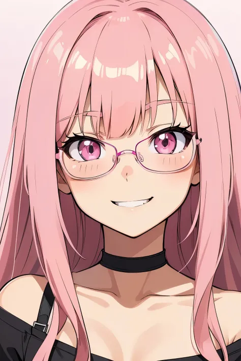 anime girl, straight hair, pink hair, long, fringe, pink eyes, 3/4, pink east glasses, SFW, Cartoon, mischievous look, smiling, anime, manga, perfect, body, perfect face, Very detailed,