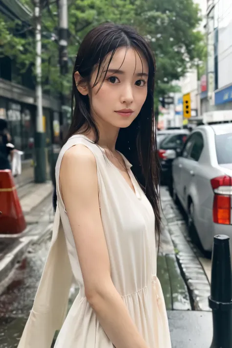 Highest image quality, 8K, a skinny Japanese lady, 30 years old, sad look, detailed face, detailed eyes, delicate body, small breasts, correct anatomy, black hair, long hair, cute fashion, soaking wet in a heavy rain, standing at street corner without an u...