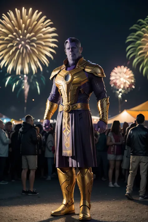 [Photorealistic, full body shot, dynamic pose] A Thanos-like character reflecting at the end of the Festa Junina, standing in a peaceful moment as fireworks light up the evening sky. He is still in his traditional Festa Junina outfit, looking serene and co...