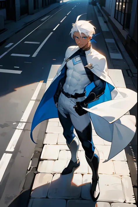 1male , Dark Skin , white hair , Pale Blue Eyes , Smiling Expression , Modern Undercut Hair , Standing on sidewalk , Adult Male , Curly Hair , White Compression Shirt , Fingerless Gloves , Blue Cape , Superhero