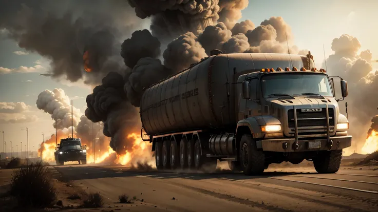 Mack truck with big trailer , mad max style, apocalyps, industrial surrounding, attack by bombs, fire everywhere