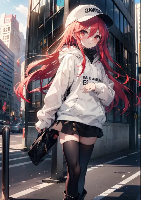 Shana,灼眼のShana,Long Hair, Redhead, Red eyes,happy smile, smile, Open your mouth,Oversized red hoodie,Baseball hats,mini skirt,black tights,short boots,Walking,morning陽,morning,The sun is rising,whole bodyがイラストに入るように, 　　　　　　　break outdoors, Building distric...