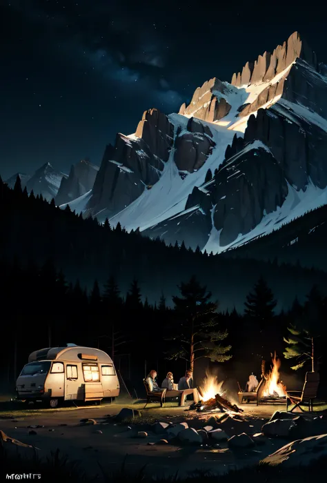 A group of caravanners in a rugged wilderness landscape，Under the moonlit night sky，Rest around the campfire, middle Ages, Clear focus, Extremely detailed, Reality, best quality, 8K