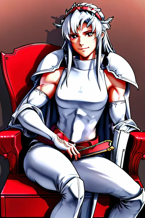 Raidho (S2), (red armor, cape, gauntlets), (masterpiece, seated, hand on sword hilt, muscular build, 4K, Best Quality, Realistic style: 1.0, Warrior Princess, (ultra detailed face), (throne room, stone background), Shadows, high resolution, Raidho), 1chara...