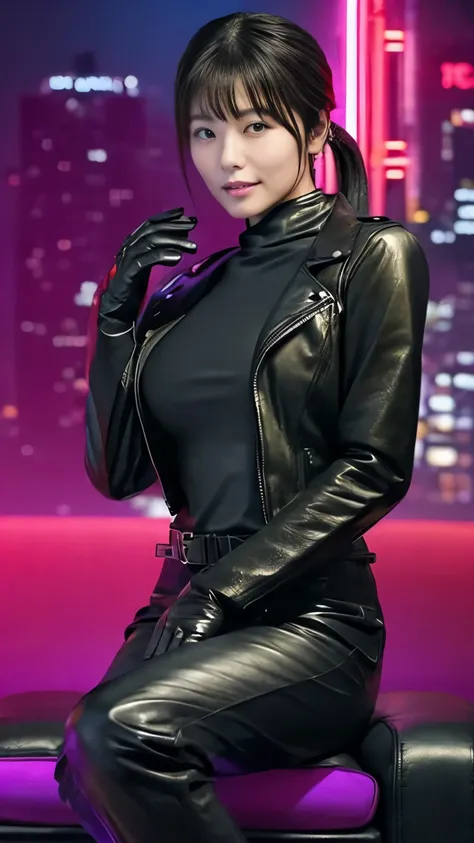 black leather rider jacket, Office in the Dark, Black leather gloved fingertips on both hands,Wearing black leather gloves,Sitting in a black leather chair、 Japanese female new recruits (Black leather gloves cover both hands) (The angle is horizontal)、Blac...