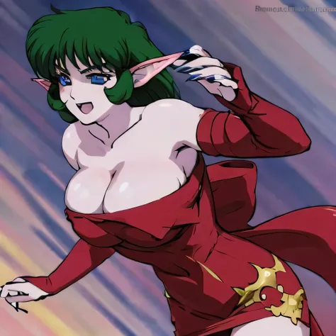  ((masterpiece,best quality,ultra-delicate,Perfect Face,16k,high resolution,very beautiful girl)),medium short green hair,Red strapless bodycon tube dress ,Red long arm sleeves,red high heels,Elf Girl,large Breasts,blue eyes,smile:1.2,seductive pose:1.2,co...