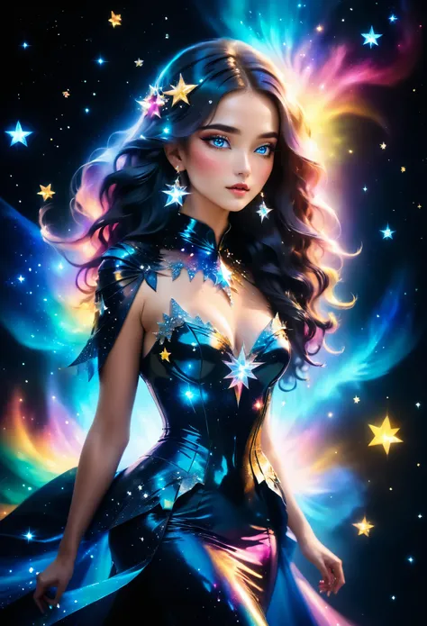 a glamour picture shot, of an elite model covered in stars, walking on a (dark catwalk: 1.2), an extraordinary glamourous elite female model, ((full body: 1.5)),  ((anatomically correct: 1.5), (ultra detailed face: 1.2), best detailed face, yrllow hair, lo...