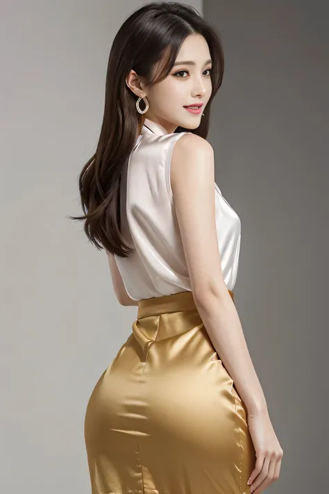 masterpiece, Highest quality, Realistic, Very detailed, Finer details, High resolution, 8k wallpaper, A photo showing the crotch to the head、One beautiful woman, Wear an elegant silk shirt, Elegant wrap skirt、Shapely big ass, Side Shot, Turning around and ...