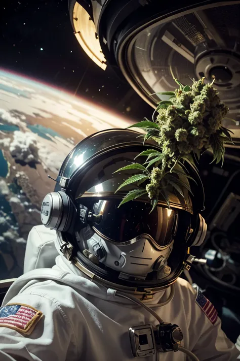 Astronaut man in helmet holding cannabis flower in a psychedelic environment 