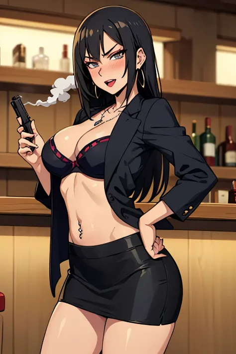 houjou ranko, white skin, earrings, necklace, large breasts, long hair,, blush, lipstick, Hot girl, baddie, staring, glaring, bad attitude, mean girl, crazy, smoking, sensual, attractive, bar background, inside bar, indoor, black hair, long hair,  lipstick...