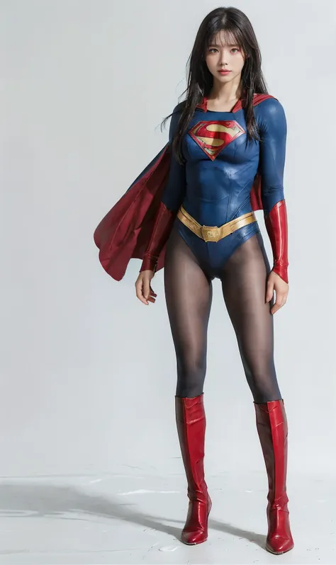 No background、(((Beautiful legs in black tights.)))、(((Legally express the beauty of your smile)))、((((Make the most of your original images)))、(((体にぴったりフィットするSupergirl Costume)))、(((Supergirl Costume)))、(((short and beautiful hair)))、(((suffering)))、(((Pl...