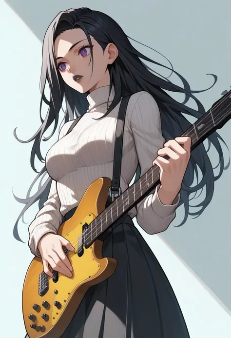 sexy sexy sexy score_9,score_8_up,score_7_up,score_6_up,score_5_up,score_4_up BREAK source_anime,(absurdres), 1 girl, black hair with green tips, long hair, violet eyes, medium breasts, ribbed sweater, suspender skirt, dark lips, medium shot, air guitar