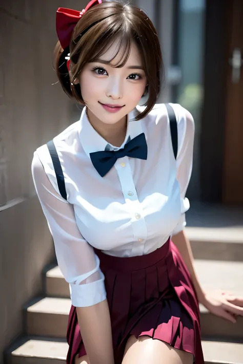 (((School stairs))),(((Angle from below:1.3))),(((Sailor suit))),(((Pleated skirt that exposes skin))),(Dark red bow tie:1.3),Cute Smile,Extreme close up of face,short ponytail hair,Cute angry face,Perfect round face,iris,Floating Hair,Big Breasts.Professi...