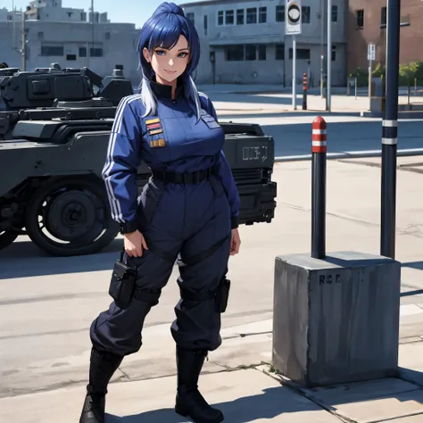 a woman wearing a black military uniform, black pants, black military vest, black boots, military coat, blue hair, ponytail hair...