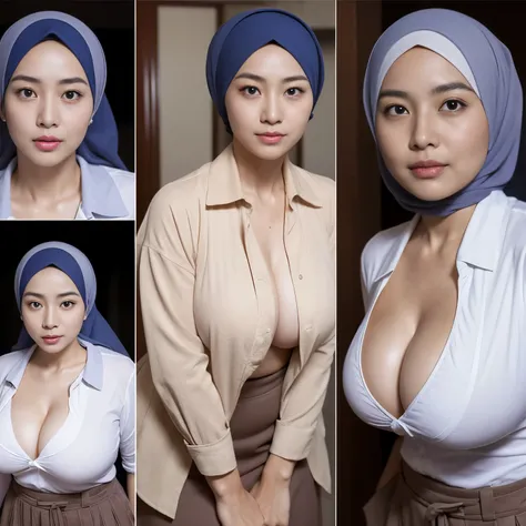 1 girl, Anissa Ichikawa, a middle-aged woman with a plump figure, turns 56 this year. Dressed in a Unbuttoned police suit and a knee-length skirt, ((wearing hijab)), she exudes an aura of authority and beauty in this portrait. Her long, messy hair frames h...