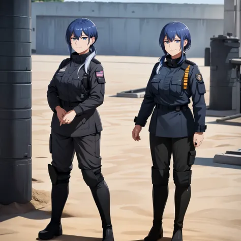 a woman wearing a black military uniform, black pants, black military vest, black boots, military coat, blue hair, ponytail hair...