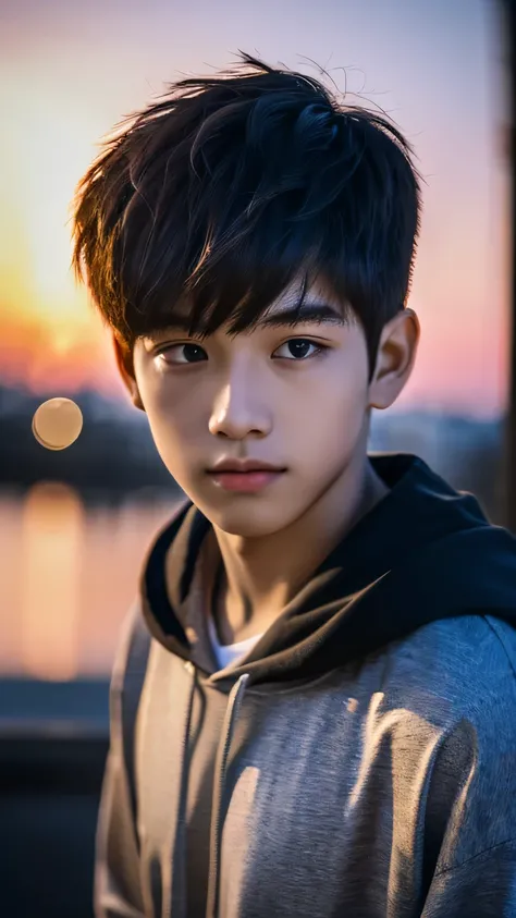 Highest quality, masterpiece, Ultra-high resolution, (Realistic: 1.4), Original photo, wallpaper, Head Photo, skin, Simple Background, Iris, detailed, Selfie, 1 boy, 18-year-old, good looking, Wind,Night view、hoodie