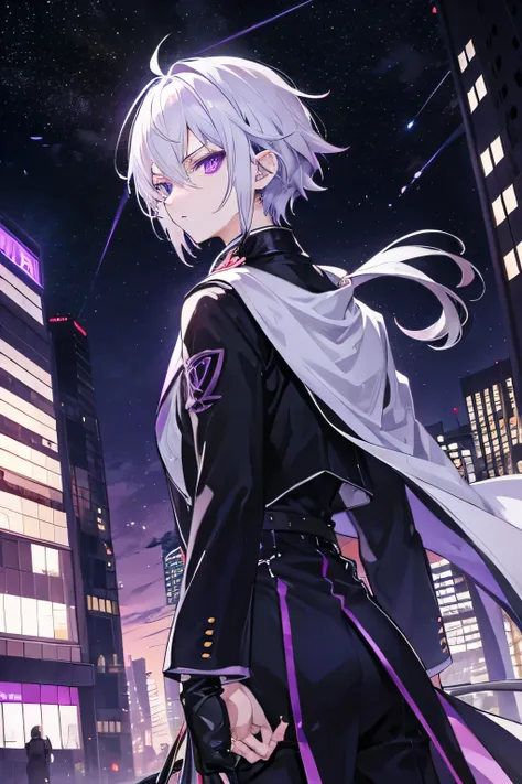 Anime man, silver hair, city, night, looking behind, purple eyes, badass, sleek