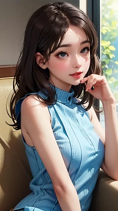 blush a little and smile, (Top quality masterpiece:1.2) Delicate illustrations, Very detailed, /Beautiful Japanese Women、1 person,Very cute and slim、Great style 、((8K images、super high quality))、Very delicate face, Skin and Hair、beautifule forehead、Red lip...