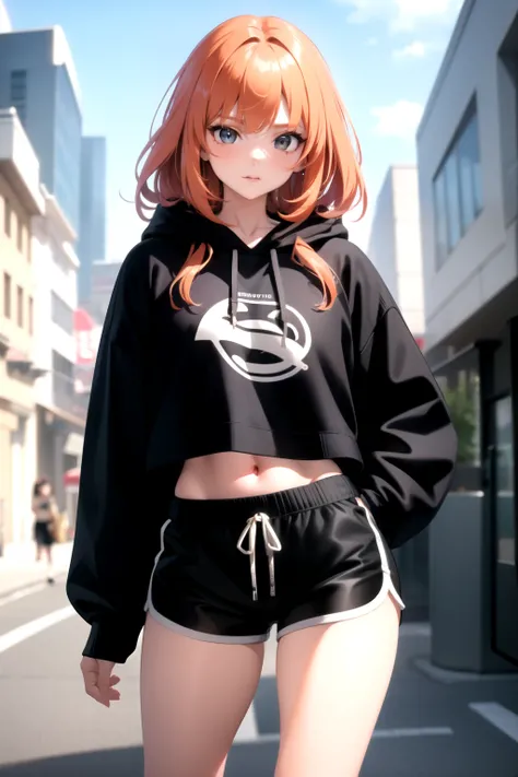 1girl, dolphin shorts, black shorts, cropped hoodie, sweater, blonde hair, a lock of red hair, masterpiece, best quality, highly detailed