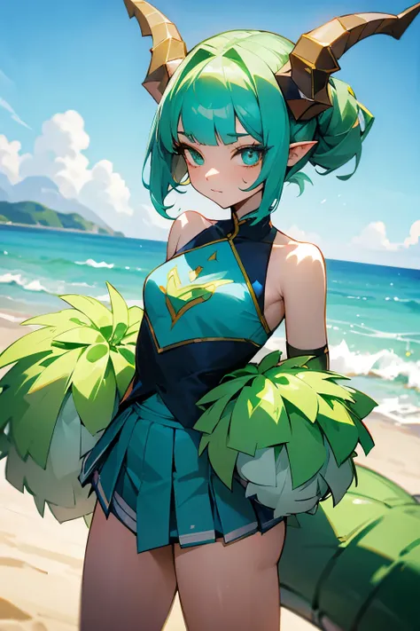 Bold dragon girl with crystal horns, wearing blue - green cheerleader clothes, two tails, big beautiful strange eyes, in a beach