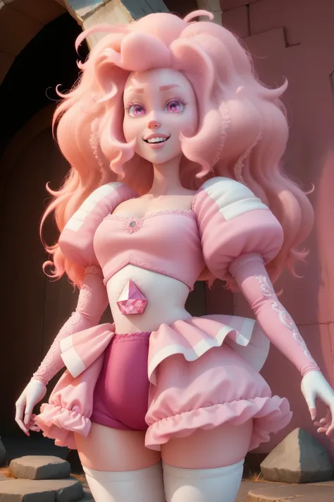 pnkdamond, pink hair, pink eyes,  big hair,  stomach gem,  pink skin,  toned, 
puffy short sleeves, elbow gloves ,  white thighh...