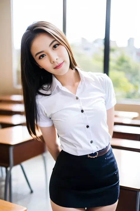 close up,1 girl{{a beautiful girl wearing a white short-sleeved shirt and a black short a-line skirt}} stood in the classroom.  ...