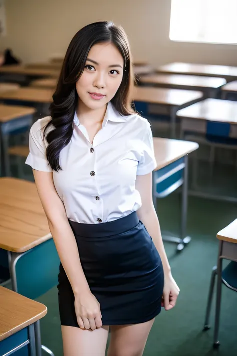 close up,1 girl{{a beautiful girl wearing a white short-sleeved shirt and a black short a-line skirt}} stood in the classroom.  ...