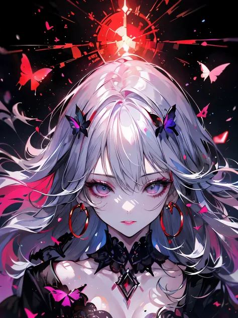 (((Very detailed, 8K quality))),,Hair above one eye, Red eyes, Clear Eyes, choker,Dark atmosphere,Nuns,Silver Hair,Long Hair,Eye patch,Prayer Pose,Only the upper body is shown,Red butterflies flutter,Red Moon,night,Dark Clouds,Vampire Hunter,nails are red,...