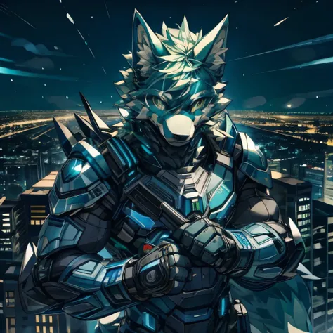 masterpiece,High quality,(Blue cyborg wolf),green eye,city,night,perfect background