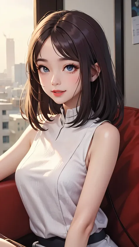 blush a little and smile, (Top quality masterpiece:1.2) Delicate illustrations, Very detailed, /Beautiful Japanese Women、1 person,Very cute and slim、Great style 、((8K images、super high quality))、Very delicate face, Skin and Hair、beautifule forehead、Red lip...