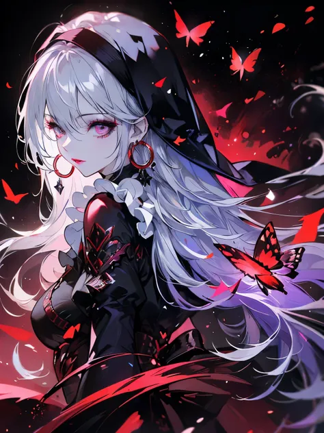 (((Very detailed, 8K quality))),,Hair above one eye, Red eyes, Clear Eyes, choker,Dark atmosphere,Nuns,Silver Hair,Long Hair,Eye patch,Prayer Pose,Only the upper body is shown,Red butterflies flutter,Red Moon,night,Dark Clouds,Vampire Hunter,nails are red,...