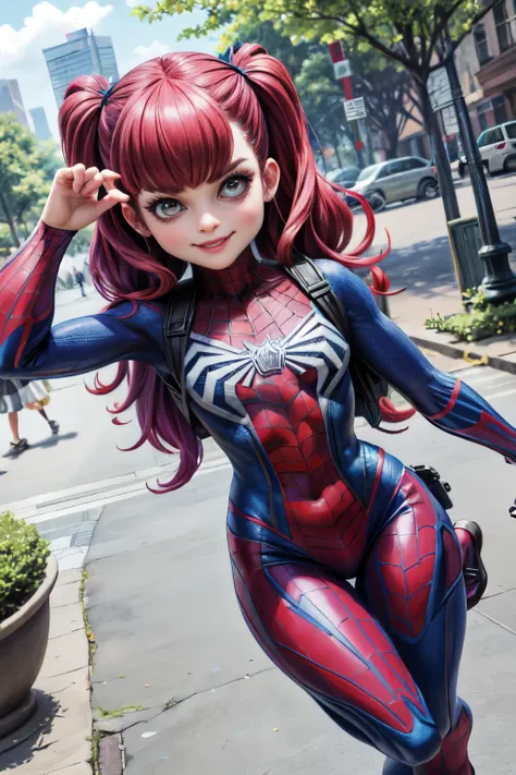 4k, realistic, carismatic, very detail, there is a girl in a park wearing spiderman costum, she is a spiderman, super hero theme...