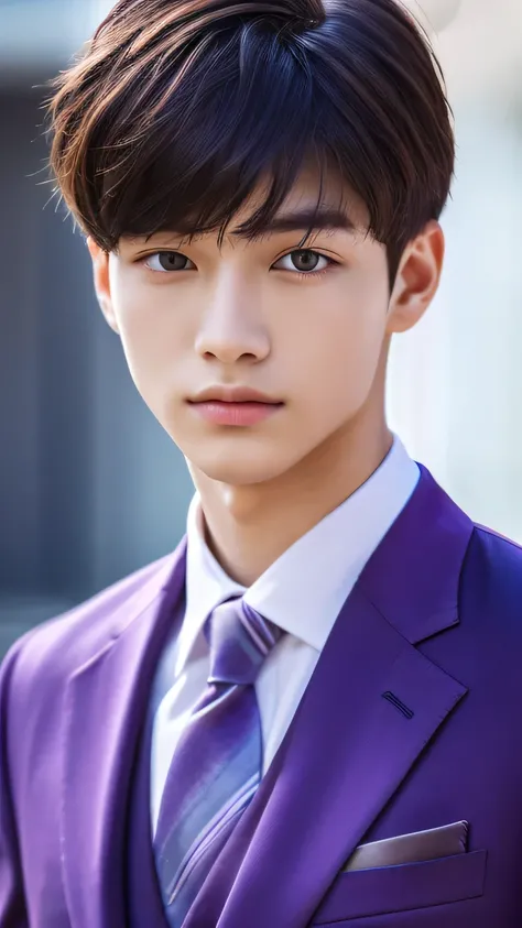 Highest quality, masterpiece, Ultra-high resolution, (Realistic: 1.4), Original photo, wallpaper, Head Photo, skin, Simple Background, Iris, detailed, Selfie, 1 boy, 18-year-old, good looking, Wind,Purple Suit