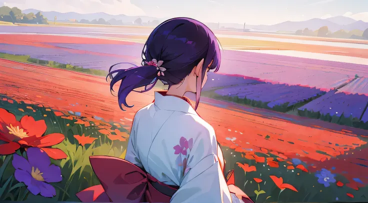 summer, flower field,, kimono, purple hair, japanese girl, back view